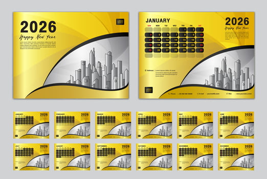 Calendar 2026 template set vector, Week starts Sunday, set of 12 month, Desk calendar 2026 year, wall calendar 2026, planner,  business template, Stationery, printing media, gold creative background vector
