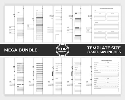 KDP Interior Bundle Dental Assistant Note Book, Movie Review Log Book Unique Design Template vector