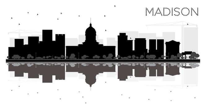 Madison City skyline black and white silhouette with reflections. vector