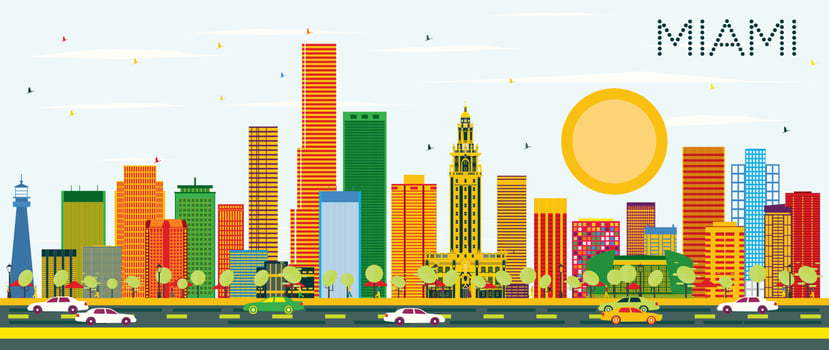 Miami Skyline with Color Buildings and Blue Sky. vector