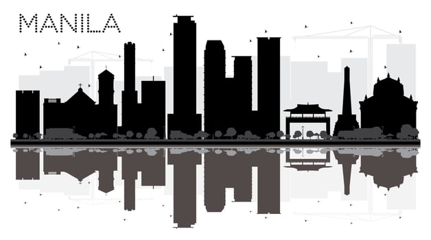 Manila City skyline black and white silhouette with reflections. vector