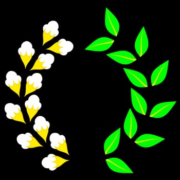 Laurel wreath vector template. Cotton flower and green leaves in circular shape isolated on black background. Award winning design. Very suitable for emblem decoration, honorary champion prize.