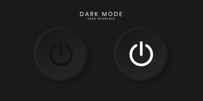 Dark Mode Power On Off User Interface in Neumorphism Design. Simple, modern and minimalist. Smooth and soft 3D user interface. Dark mode. For website or apps design. Vector Illustration.