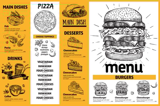 Menu restaurant brochure. Flyer with hand-drawn graphic. vector