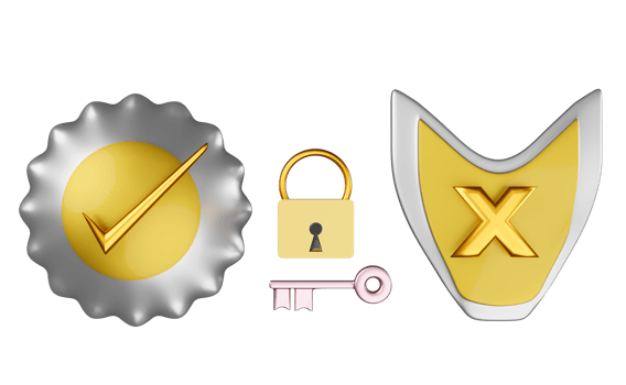 golden round shield check and shield insecure with gold lock, key isolated. Internet security or privacy protection or ransomware protect concept, 3d illustration or 3d render png