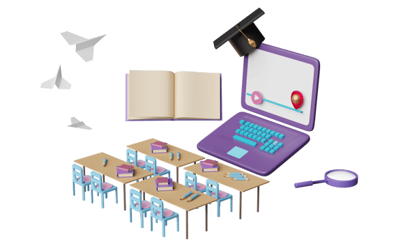 purple laptop computer with play bar, hat graduation, paper plane, student desk, chair isolated. room online innovative education, e-learning concept, 3d illustration or 3d render png