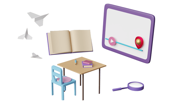 purple laptop, tablet computer with play bar, paper plane, student desk, chair, magnifying isolated. room online innovative education, e-learning concept, 3d illustration, 3d render png