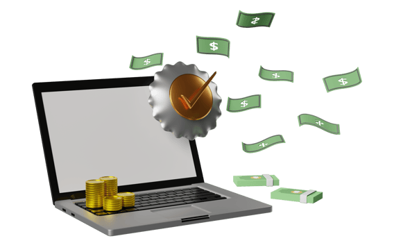 laptop computer with round shiel, coins, banknote isolated. Internet security or privacy protection or ransomware protect concept, 3d illustration or 3d render png
