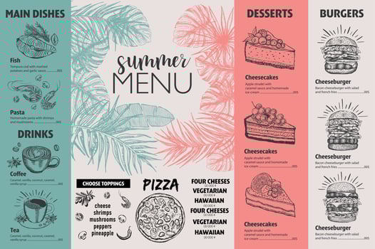 Summer menu. Restaurant food menu design, hand drawn illustrations. Vector food flyer.