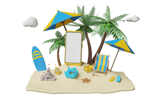 mobile phone, smartphone with palms, beach chair, island, umbrella, sandals, plane, surfboard, Inflatable flamingo, sand castle, summer travel vacation concept, 3d illustration or 3d render png