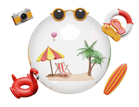 summer travel with island, umbrella, coconut tree, Inflatable flamingo in glass ball isolated. concept 3d illustration or 3d render png