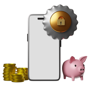 mobile phone,smartphone with shield, golden lock, piggy bank, coins isolated. Internet security or privacy protection or ransomware protect concept, 3d illustration or 3d render png