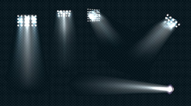 Spotlights, stage light white beams glowing set vector
