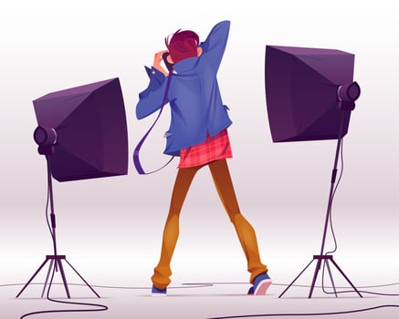 Photographer with camera take shots in studio vector