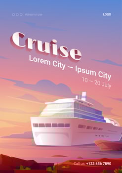 Summer cruise poster with ship in ocean at sunset vector