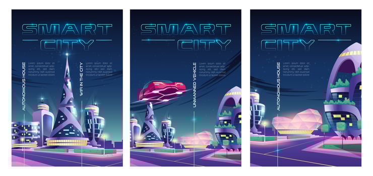 Smart city posters with futuristic night town vector