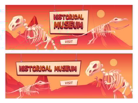 Historical museum cartoon web banner with dinosaur vector