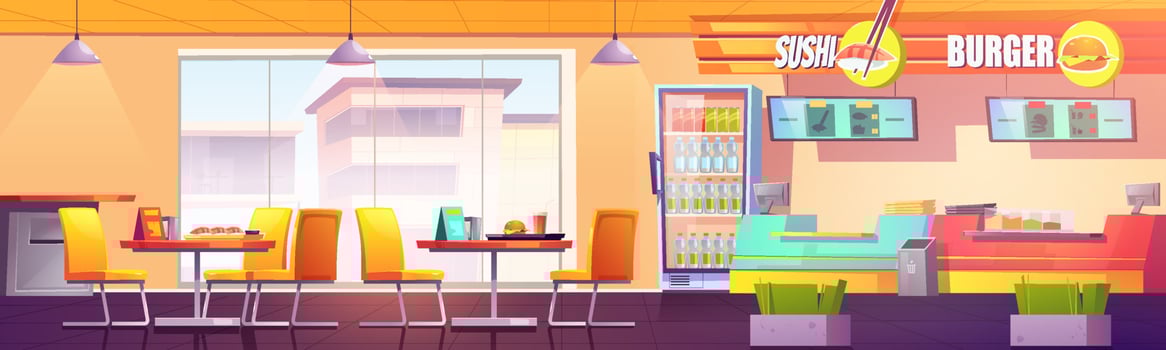 Food court cafe with sushi bar and burger area vector