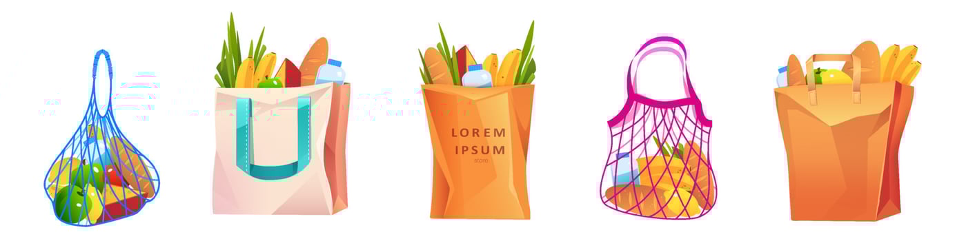 Net, cotton and paper shopping bags with grocery vector