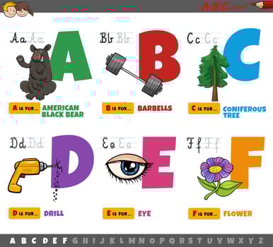 educational cartoon alphabet letters for children from A to F vector