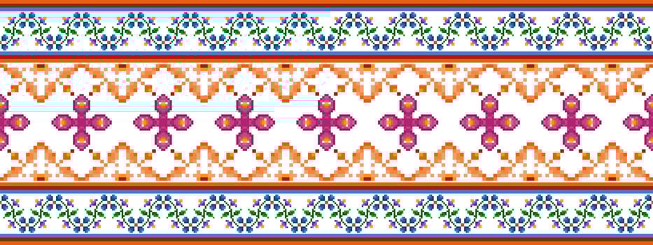 Ikat ethnic seamless pattern decoration design. Aztec fabric carpet boho mandalas textile decor wallpaper. Tribal native motif ornaments traditional embroidery vector background pixel style
