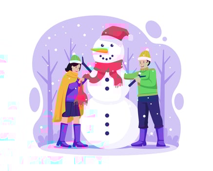 Happy boy and girl kids building a snowman together in winter outdoors. Children make a snowman. Vector illustration in flat style