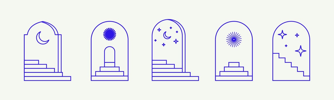 Boho arch with staircase. Minimal surreal doors with stairs. Bohemian arch with stair. Boho line arch, staircase, mystic frames. vector