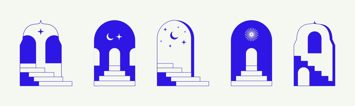 Boho arch with staircase. Minimal surreal doors with stairs. Bohemian arch with stair. Boho line arch, staircase, mystic frames. vector