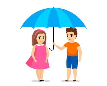 Boy and girl under blue protection umbrella. Children life and health care symbol concept. Kids safety healthcare. Caring son with daughter. Child safety eps illustration vector
