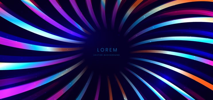 Abstract technology futuristic neon curved glowing colorful light lines with tunnel future speed motion effect on dark blue background. vector