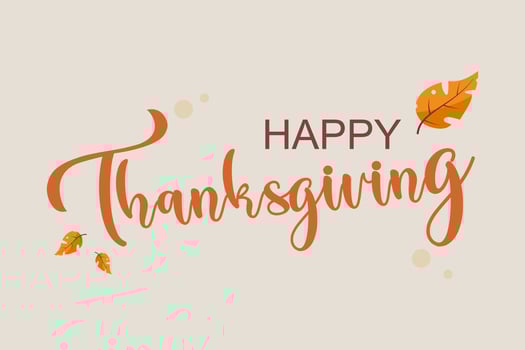 Happy Thanksgiving wish written with elegant calligraphic script and decorated by fallen autumn foliage. Colored seasonal vector illustration in flat style for holiday greeting card, poster card.