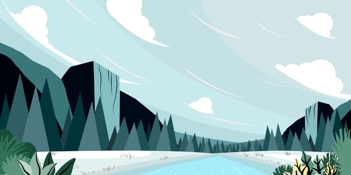 Beautiful mountain stone landscape with a forest, sky, river. Majestic Nature Background, Banner, Poster. Vector illustration.