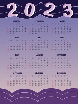 Calendar 2023 with purple tone background. This 12 months calendar in 2023. Vector illustration.