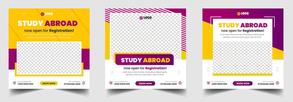 Study abroad social media post banner design. higher education social media post banner design set. school admission promotion banner. school admission template for social media ad. vector