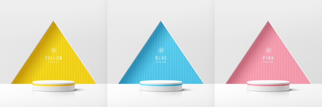 Set of white realistic 3d cylinder pedestal podium with yellow, blue, pink in triangles shape wall scene. Abstract minimal vector rendering geometric forms. Mockup product display. Stage for showcase.