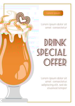 Hot Spiked Apple Cider with Brandy and Caramel. Whipped cream, caramel and gingerbread cookies. Winter drinks special offer. Vector illustration for poster, banner, flyer, advertising, promo, menu.