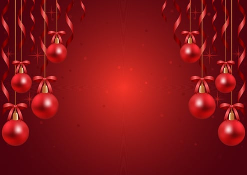 Christmas red horizontal banner with realistic frosted christmas balls and ribbons, stars and serpentine. With place for text. For advertising banner, website, posters, postcards, sale flyer. vector