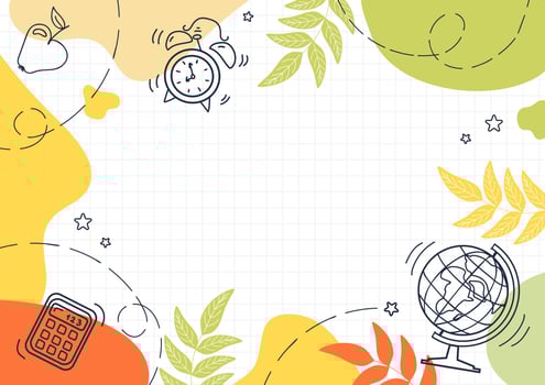 Teachers day, back to school. Learning attributes - alarm clock, calculator, apple, globe. Bright modern sketch style banner, color blots. For frame, advertising banner, site, advertising flyer vector