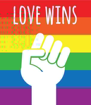 Vector flat lgbt flag fists with love wins text