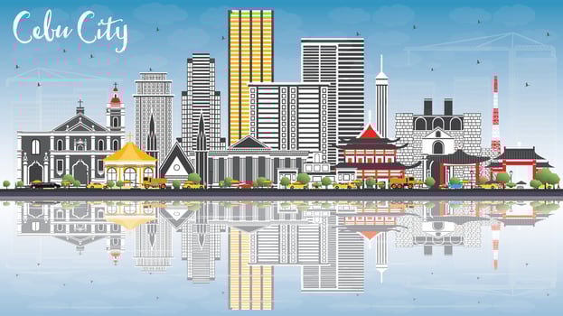 Cebu City Philippines Skyline with Gray Buildings, Blue Sky and Reflections. vector