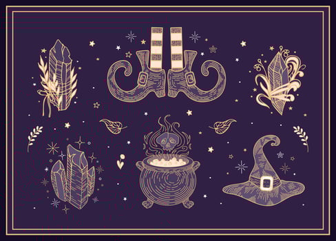 A set of magical items. Witchs cauldron with potion. Witch hat, striped stockings. Crystal with plant. ritual amulet. Vintage illustration in boho style. Halloween, witchcraft. For logo, posters, card vector