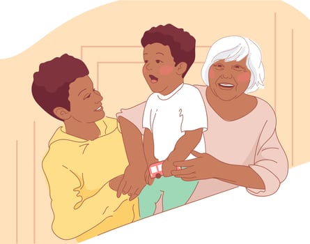 Grandmother and grandchildren hug and laugh. African American Loving family, generational relationships. Grandparents Day. Siblings, children of all ages. For posters, postcards, flyers, books. vector