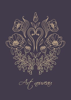 Vintage gothic illustration of gold graceful poppy bud in art nouveau style. Botanical illustration for stickers, posters, postcards, design elements, Logo vector