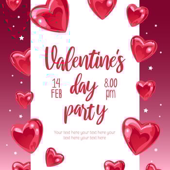Valentines day, party invitation. Bright banner with shiny sweet heart-shaped baloon helium. For advertising banner, website, poster, flyer. vector