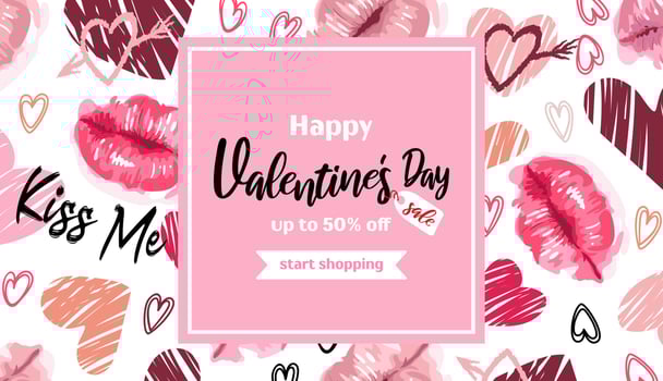 Horizontal banner for Valentines Day. Lips in a watercolor style, hearts lettering kiss. Daring bright modern pattern, graffiti. On white background. For advertising banner, website, sale flyer. vector