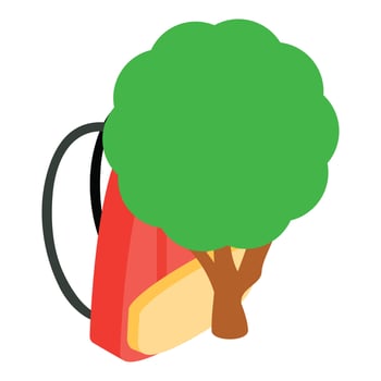 Offline education icon isometric vector. Bright school backpack near green tree vector