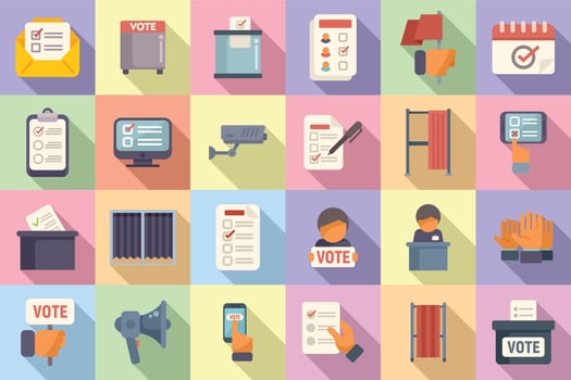 Polling booth icons set flat vector. Ballot box vector