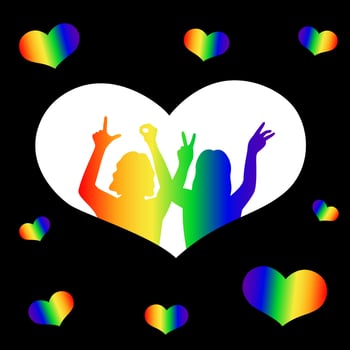 Silhouette of two women long hair standing nearby on a background of white hearts. Portrait waist with a gradient color of the flag of pride. The fingers of women are folded into the word love vector