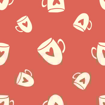 mug with heart pattern on red orange background square seamless pattern vector