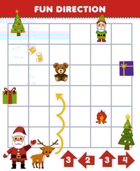 Education game for children fun direction help santa and deer move according to the numbers on the arrows printable winter worksheet vector